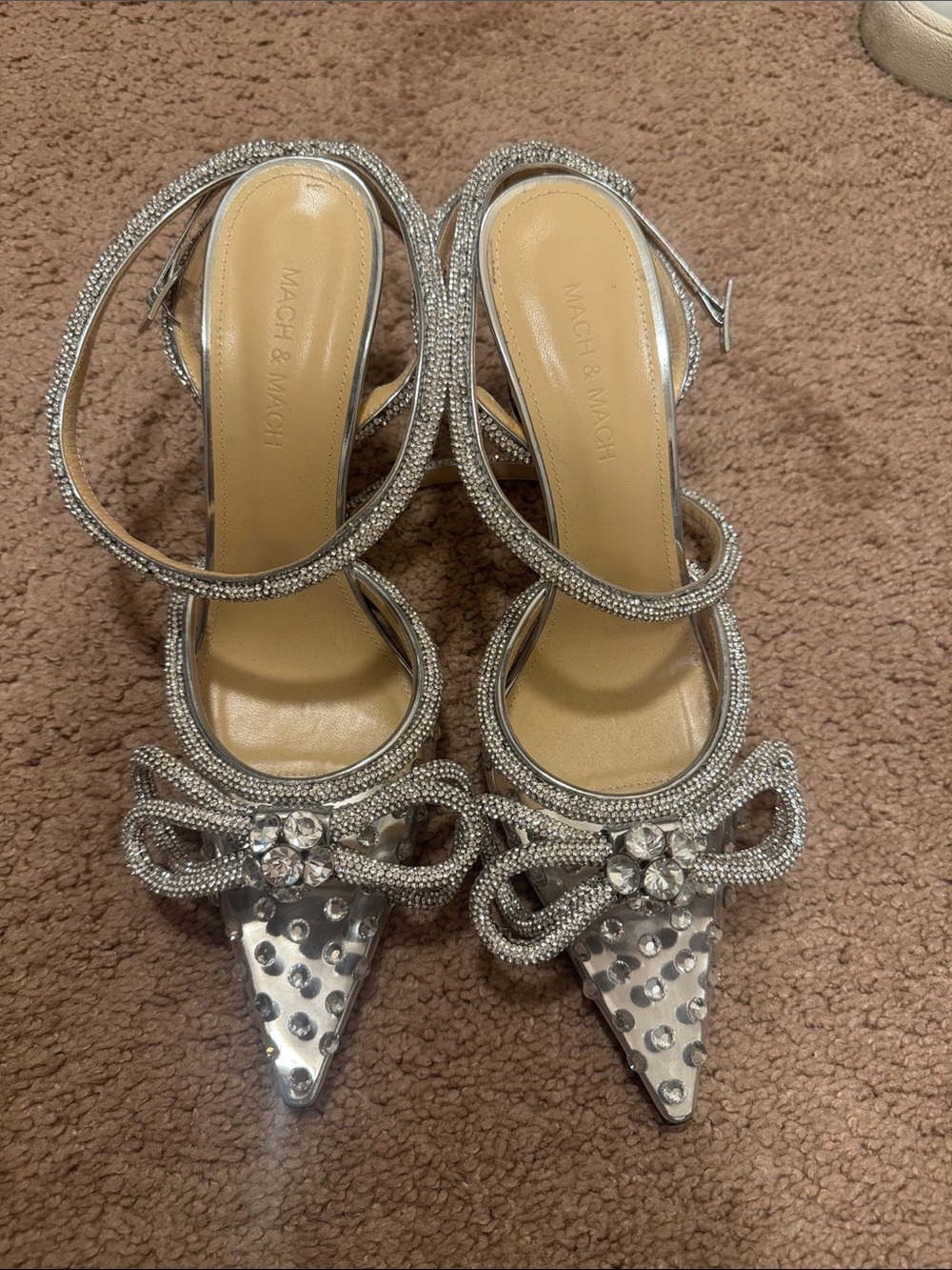 MACH & MACH Silver Crystal-Embellished Pointed Slingback Heels